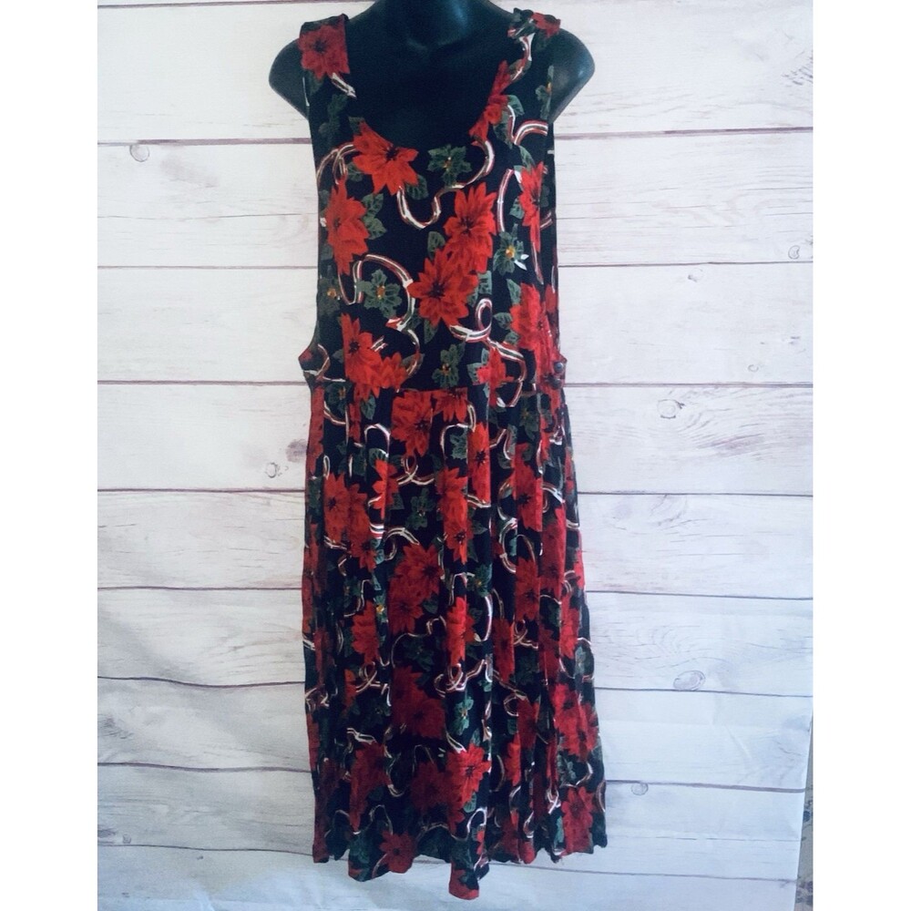 Vintage Bryan Connelly Christmas Dress S Poinsettia Candy Cane Rayon Maxi